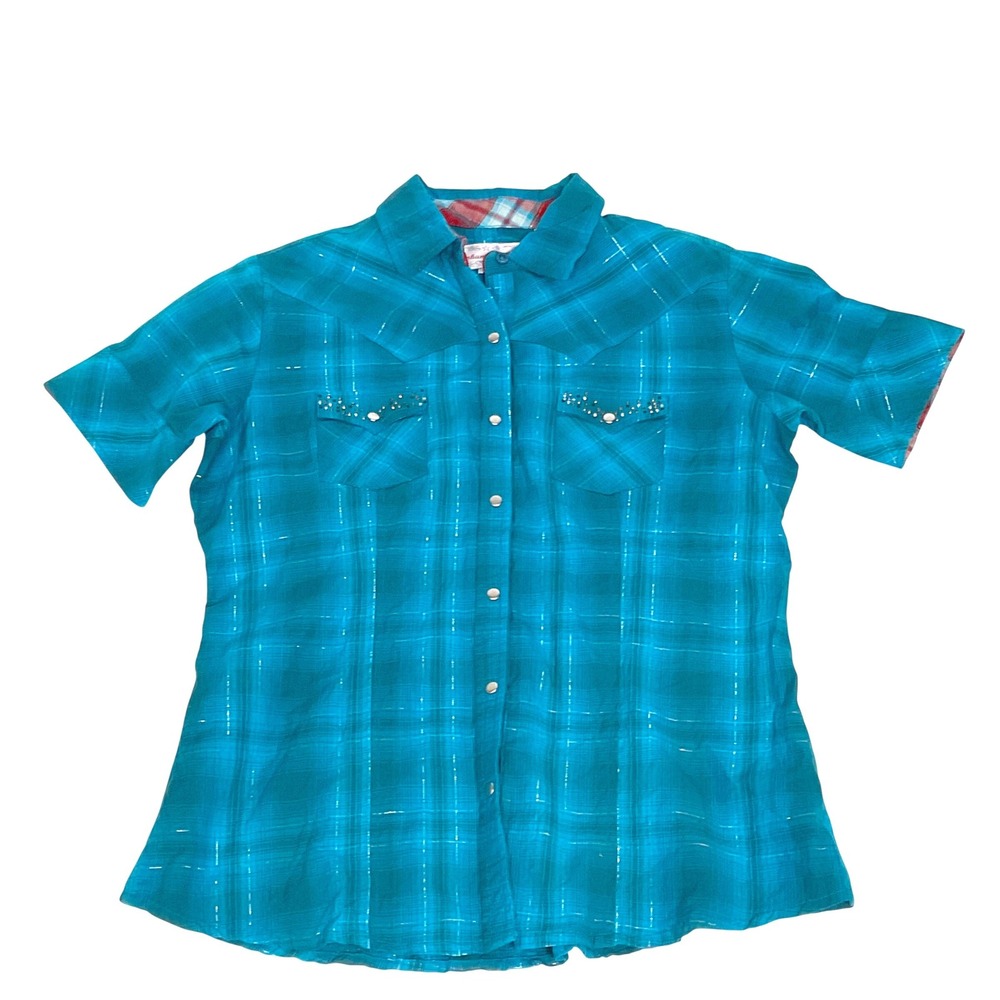 Panhandle Slim womens retro western pearlsnap studded rhinestone plaid shirt M